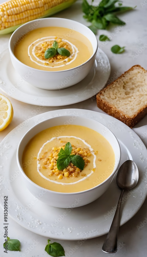 Delicious creamy corn soup served on table Delicious creamy corn soup served on table