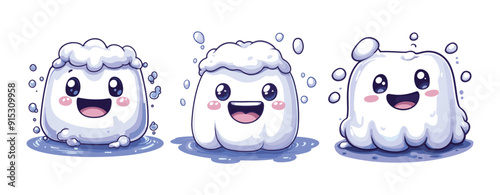 Smiling, white, blob with large eyes, sitting in water cartoon illustration, generative ai