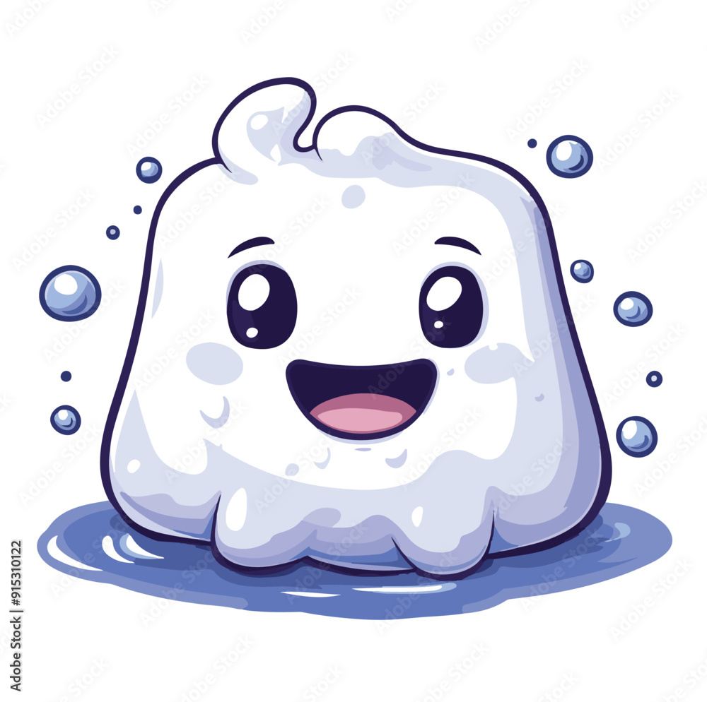 Smiling, white, blob with large eyes, sitting in water cartoon illustration, generative ai Smiling, white, blob with large eyes, sitting in water cartoon illustration, generative ai