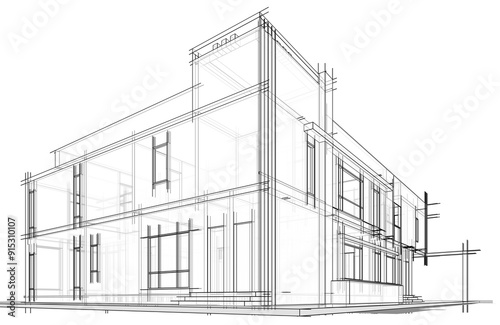 Architectural sketch of modern house building 3d rendering