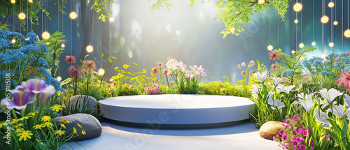 The flowers are in full bloom. decorated with light bulbs Night flower garden with empty podium