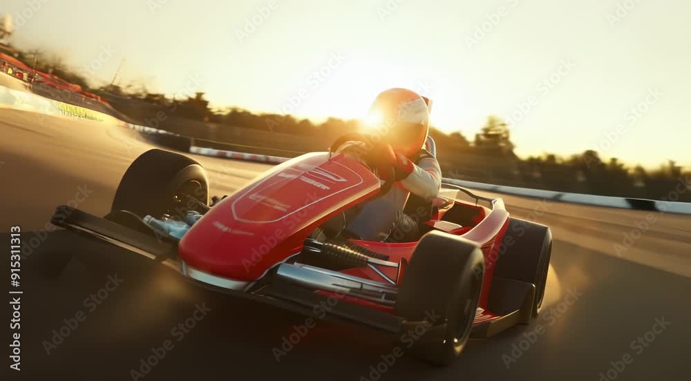 A racing car driver wearing a red and white helmet is maneuvering a go-kart around a track, illuminated by golden sunlight. The vehicle shows dynamic motion with intense speed.