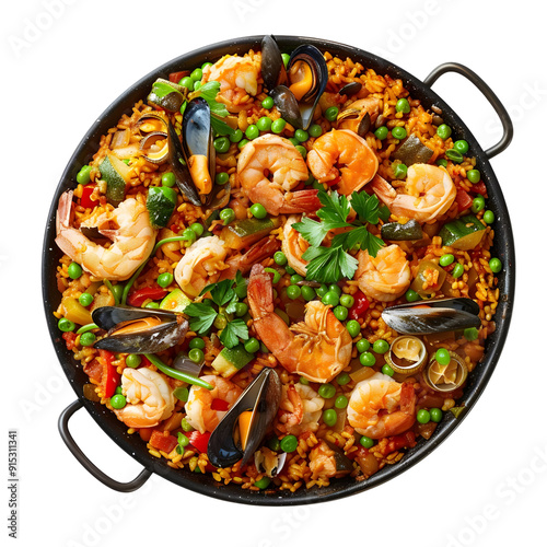 Paella, food, photograph, Studio lighting, full body, isolate on white background.