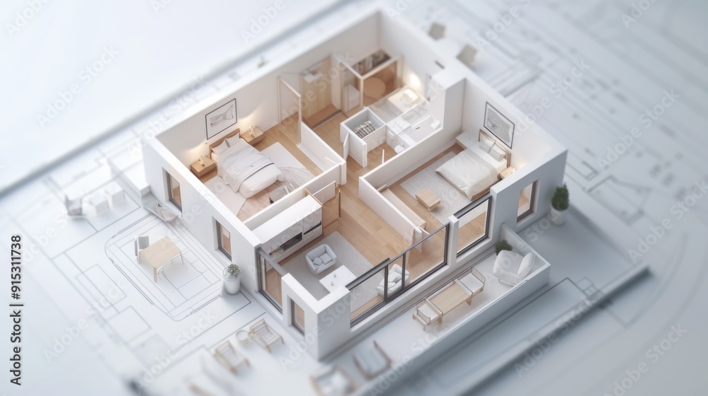 Fototapeta premium A 3D model of a house sits atop a detailed blueprint, useful for architectural and design projects