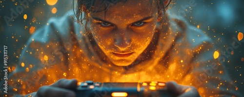 A focused gamer intensely playing a video game, illuminated by glowing effects, showcasing passion and immersion.