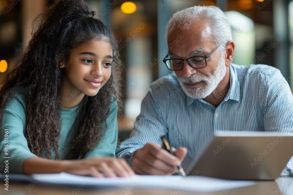 Teenager learns about compound interest under guidance of senior advisor | Financial education for youth Teenager learns about compound interest under guidance of senior advisor | Financial education for youth