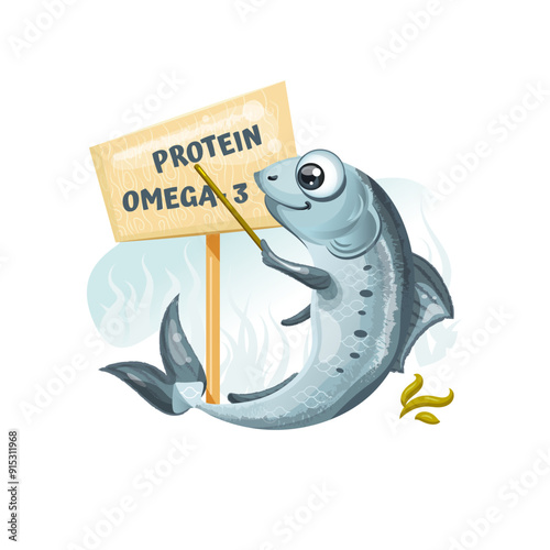 Cartoon Sardine Promoting Protein and Omega 3. Vector Illustration.