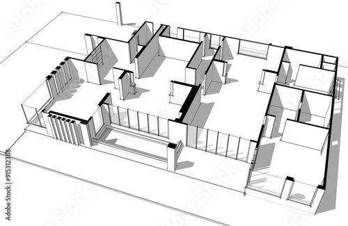 Architectural sketch of modern house building 3d rendering