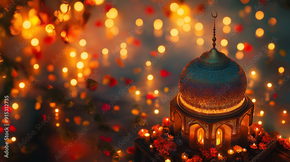 Ornate Mosque Lantern Illuminated with Warm Lights and Flower Decor for Islamic Festive and Celebration Themes. Ornate Mosque Lantern Illuminated with Warm Lights and Flower Decor for Islamic Festive and Celebration Themes.