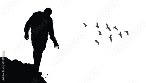 man take adventure in jungle stand on cliff look down danger.