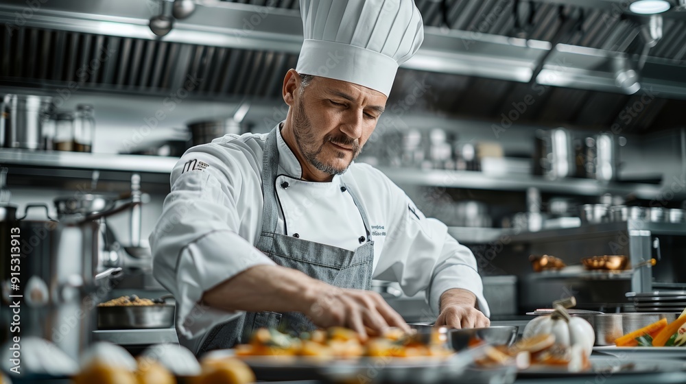 Experienced chef skillfully preparing gourmet dishes in a bustling restaurant kitchen during dinner service Experienced chef skillfully preparing gourmet dishes in a bustling restaurant kitchen during dinner service