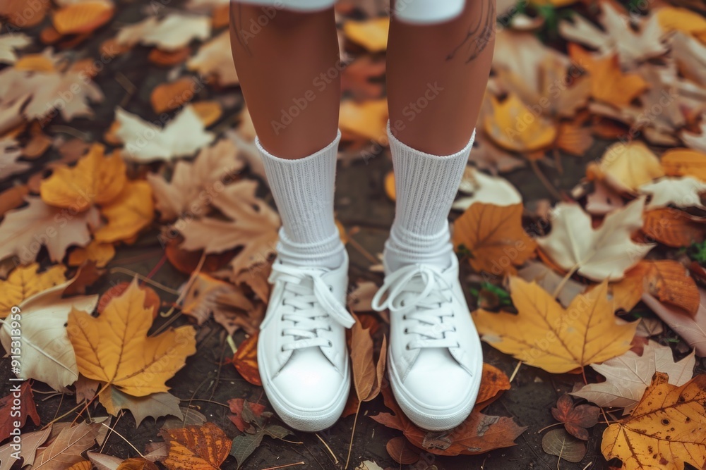 Close-up shot of a person's feet wearing white sneakers Close-up shot of a person's feet wearing white sneakers