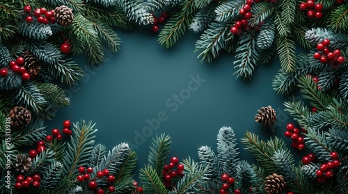 Festive evergreen wreath adorned with red berries and pine cones for holiday decorations