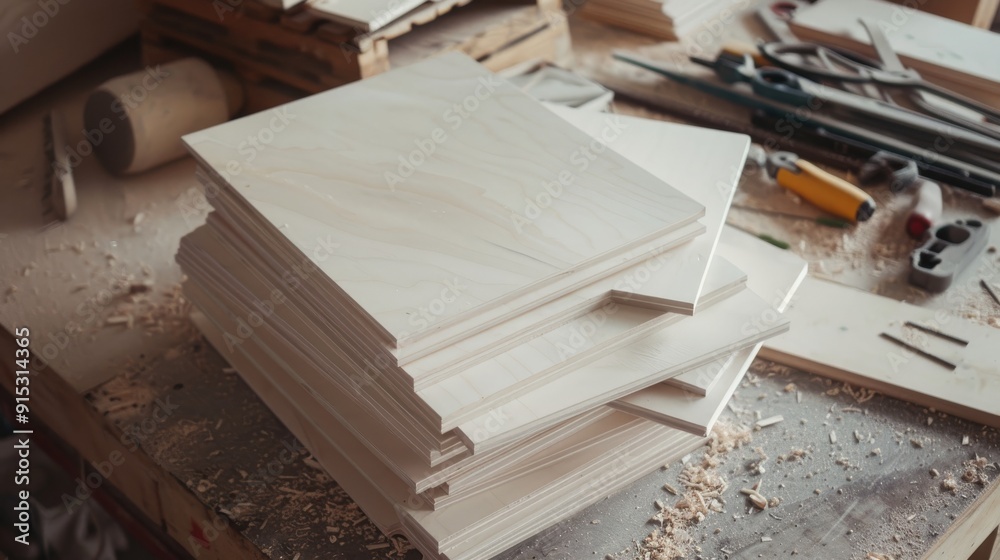 A stack of neatly cut wooden panels on a cluttered workbench, with various woodworking tools scattered around, highlighting precision and craftsmanship. A stack of neatly cut wooden panels on a cluttered workbench, with various woodworking tools scattered around, highlighting precision and craftsmanship.