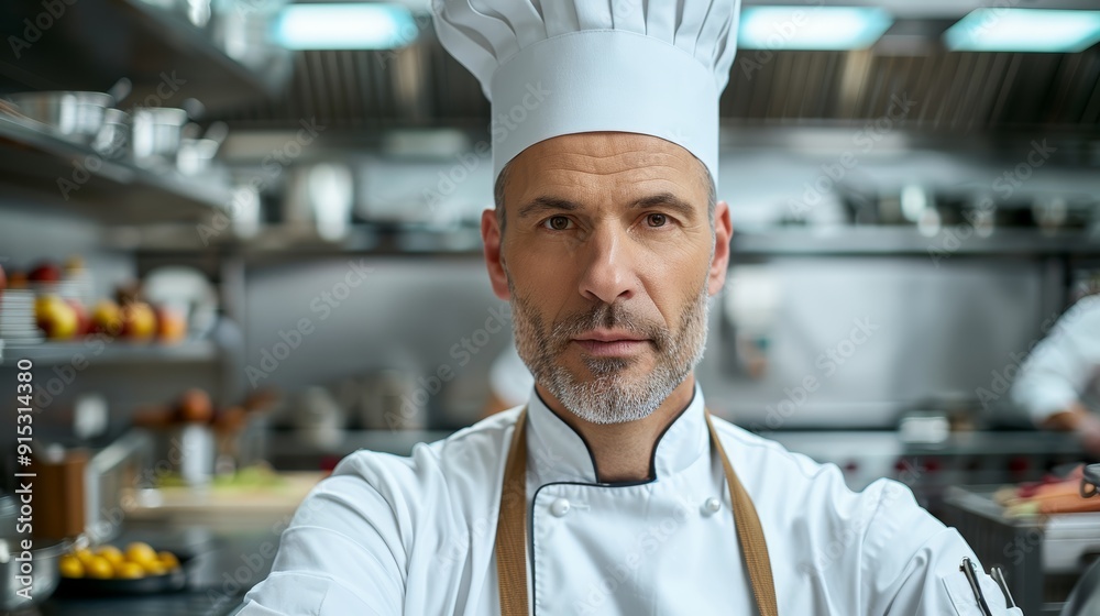 A skilled chef prepares delicious dishes in a bustling kitchen during dinner service A skilled chef prepares delicious dishes in a bustling kitchen during dinner service
