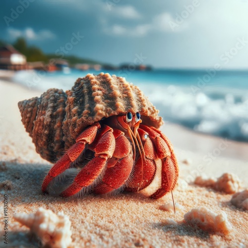 Closeup of a hermit crab on a tropical beach
 photo