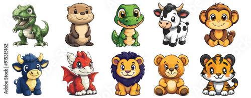 A collection of all kinds of cute animal cartoon illustrations, generative AI