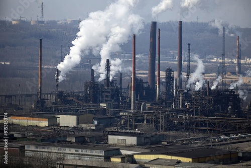 Industrial complex with smokestacks emitting pollution in a city during the day