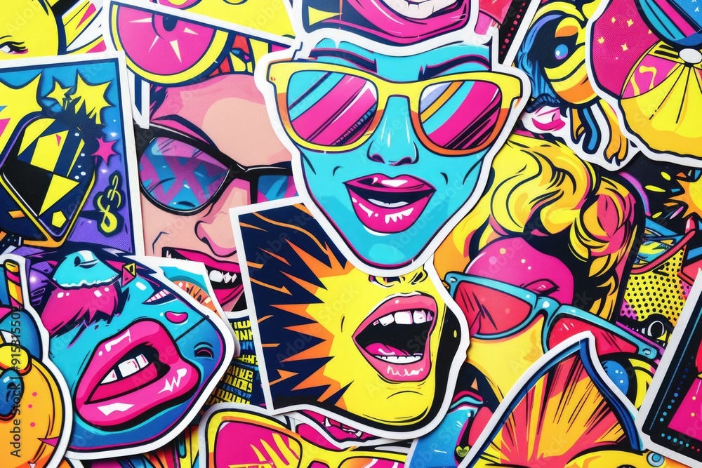 A collection of colorful stickers arranged on a flat surface A collection of colorful stickers arranged on a flat surface