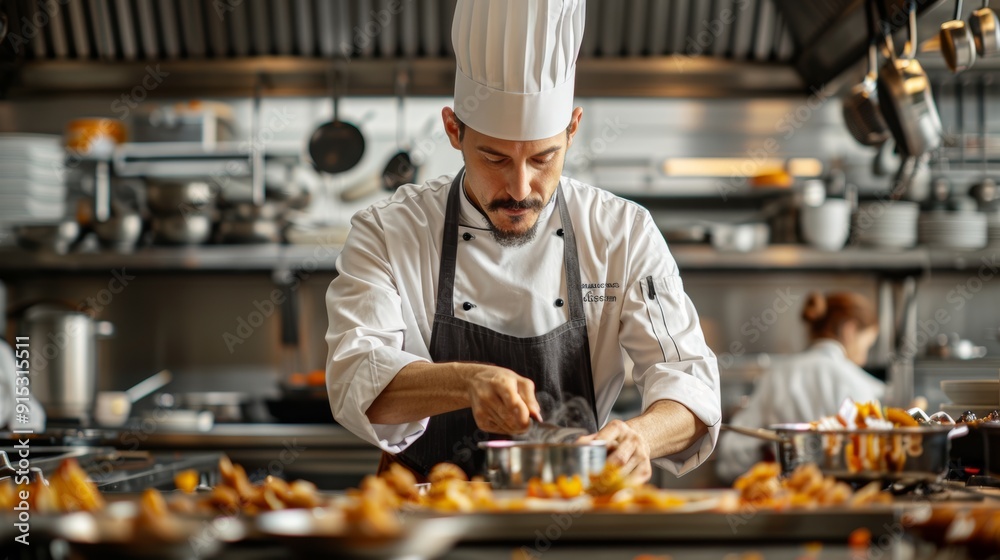 Skilled chef preparing a gourmet dish in a bustling restaurant kitchen during the evening service Skilled chef preparing a gourmet dish in a bustling restaurant kitchen during the evening service