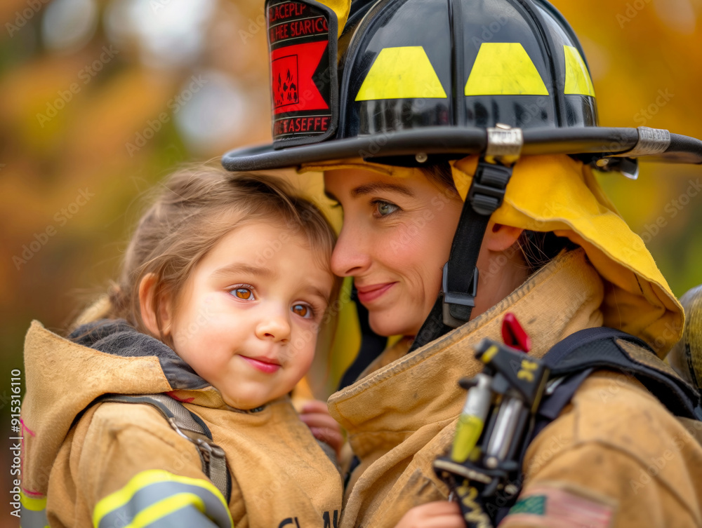 A woman and a child are hugging each other. The woman is a firefighter and the child is wearing a firefighter's outfit. Concept of warmth and protection, as the woman is holding the child close to her A woman and a child are hugging each other. The woman is a firefighter and the child is wearing a firefighter's outfit. Concept of warmth and protection, as the woman is holding the child close to her