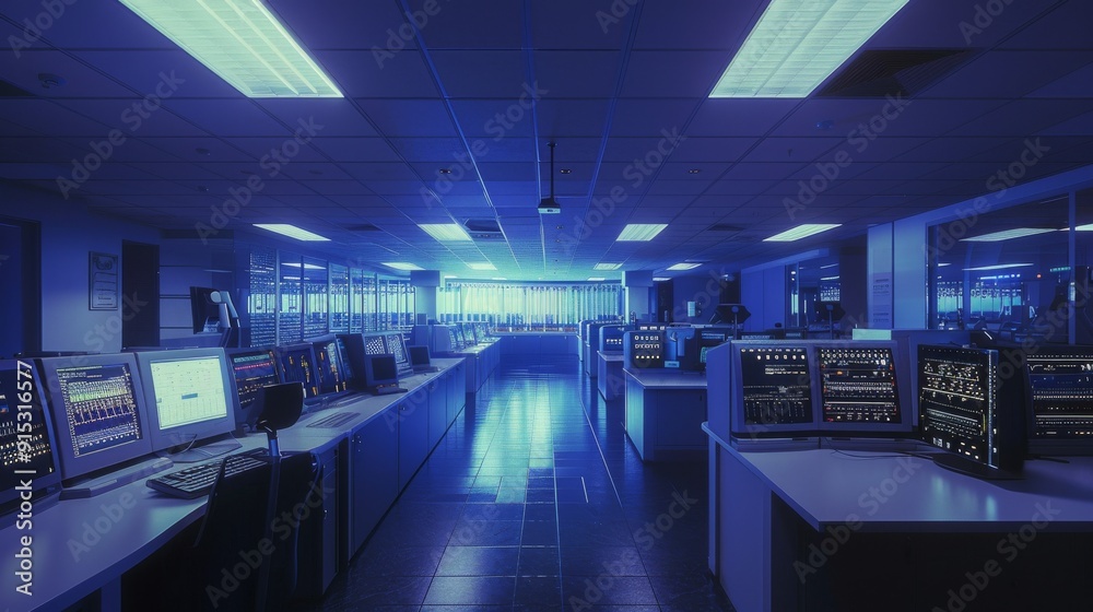 A spacious, blue-lit office filled with rows of monitors and tech equipment, evoking a sense of organized, high-tech efficiency in a futuristic workspace. A spacious, blue-lit office filled with rows of monitors and tech equipment, evoking a sense of organized, high-tech efficiency in a futuristic workspace.