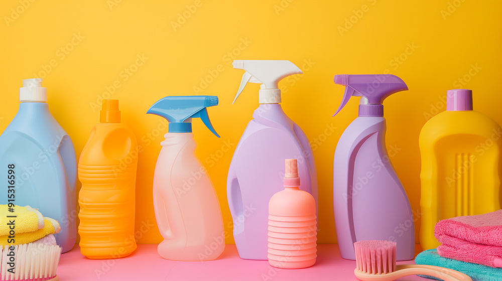 A collection of detergent bottles, towels, and brushes, symbolizing cleanliness and order, household cleanong A collection of detergent bottles, towels, and brushes, symbolizing cleanliness and order, household cleanong