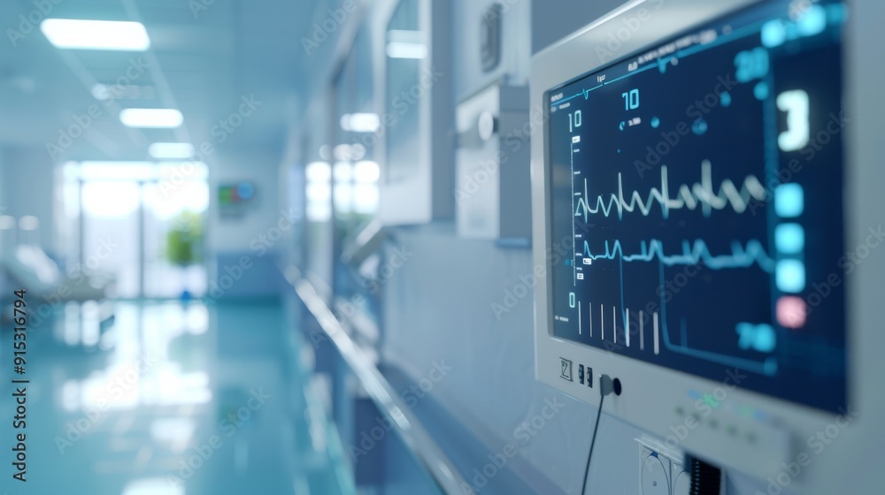 A modern hospital corridor with a focus on a digital heart rate monitor displaying patient vitals, highlighting a state-of-the-art healthcare facility. A modern hospital corridor with a focus on a digital heart rate monitor displaying patient vitals, highlighting a state-of-the-art healthcare facility.