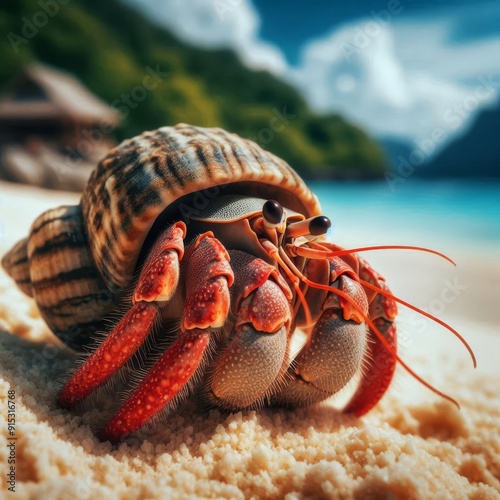 Closeup of a hermit crab on a tropical beach
 photo