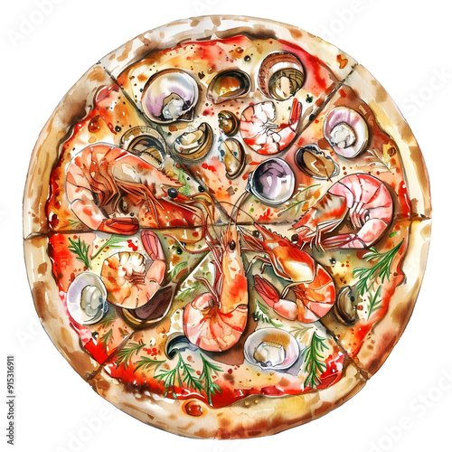 Pizza Seafood, A round flatbread topped, Pizza topped with seafood like shrimp, squid, and clams, Studio lighting, full body, isolate on white background, watercolor illustration.