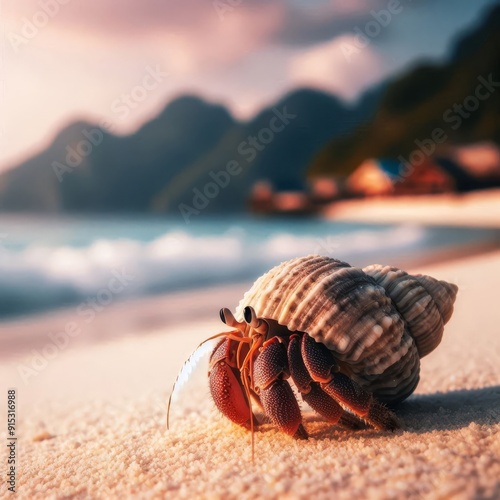 Closeup of a hermit crab on a tropical beach
 photo