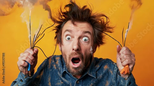 Man with crazy hair holding smoking wires, shocked expression on yellow background