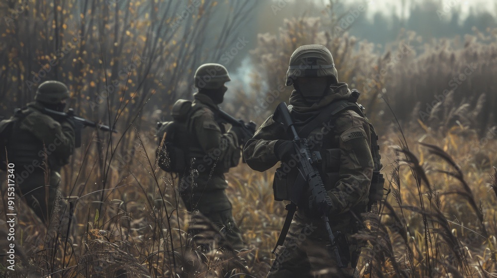 Three soldiers in tactical gear navigate a grassy field during a training exercise. Three soldiers in tactical gear navigate a grassy field during a training exercise.