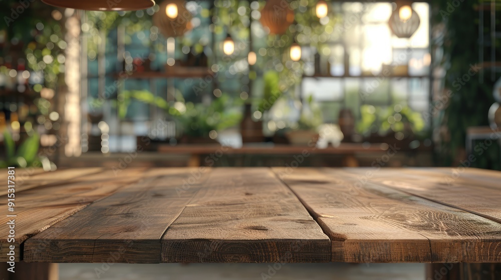Wooden table in cafe with blurred background for product display mockup Wooden table in cafe with blurred background for product display mockup