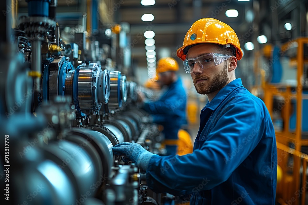 Worker in safety gear monitors machinery in a factory during evening shift Worker in safety gear monitors machinery in a factory during evening shift