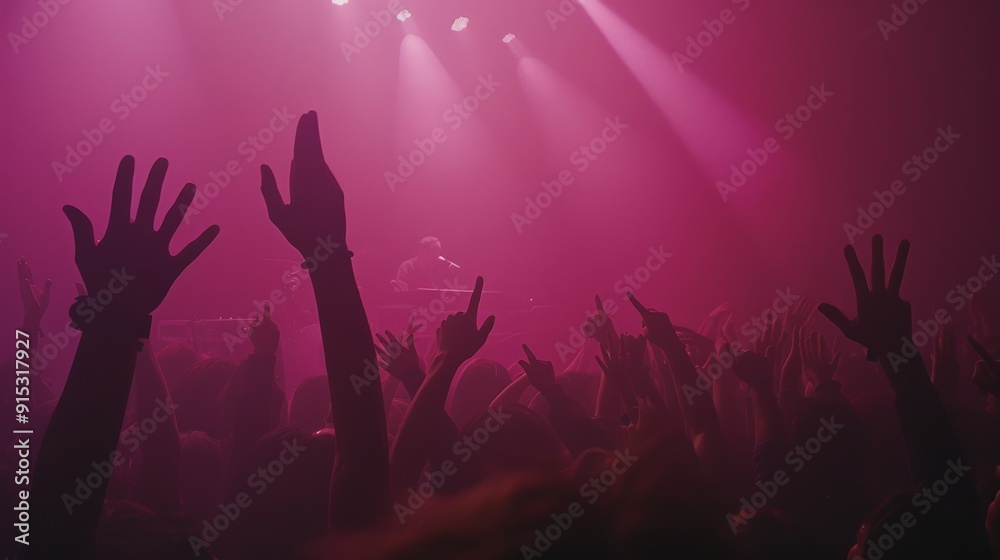 A crowded concert with an energetic audience, hands raised in the air, bathed in vibrant pink stage lights. A crowded concert with an energetic audience, hands raised in the air, bathed in vibrant pink stage lights.