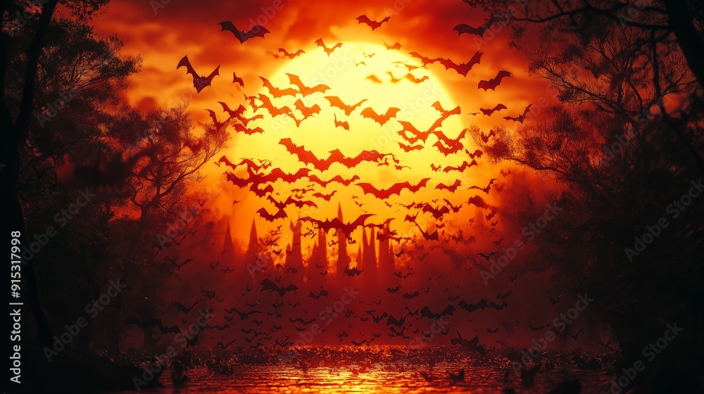Sunset Bats Flying Over Haunted Village, Dramatic Orange Sky, Perfect for Halloween Themes and Spooky Event Promotions, Ideal for Social Media Graphics and Invitations