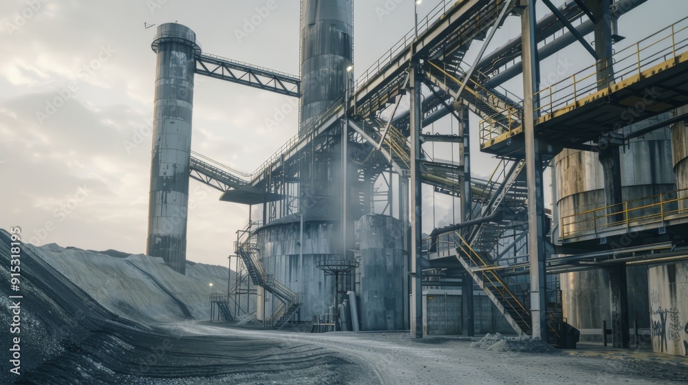 An industrial structure with towering silos and interconnected walkways, surrounded by a dusty environment, illustrating the rugged beauty of industrial architecture. An industrial structure with towering silos and interconnected walkways, surrounded by a dusty environment, illustrating the rugged beauty of industrial architecture.