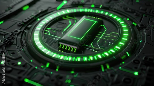 Futuristic microchip on a high tech circuit board with glowing green accents