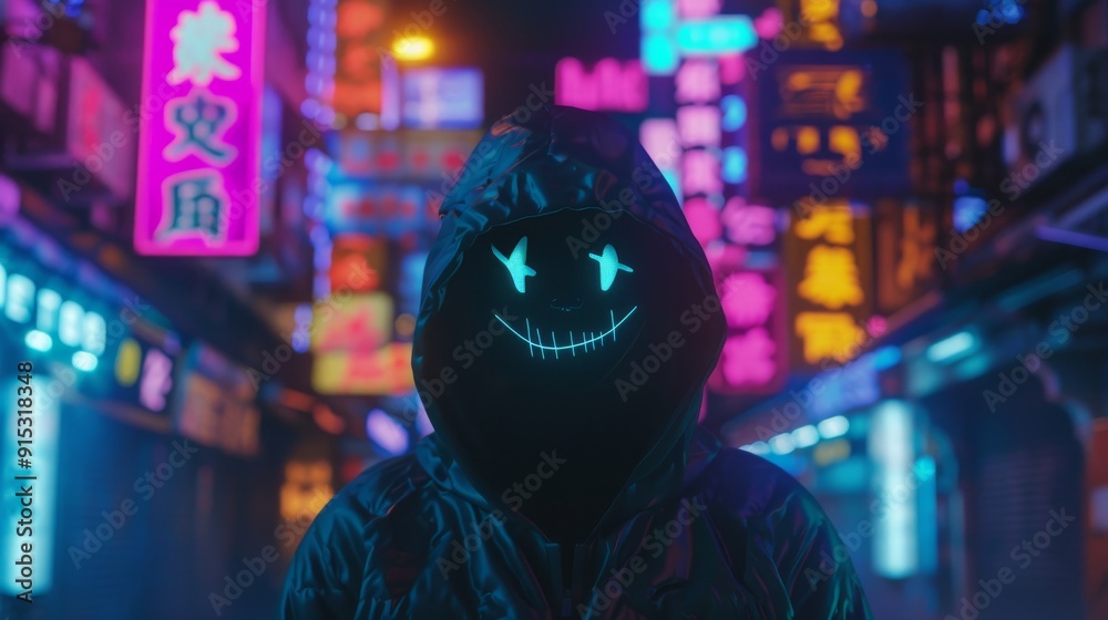 A person wearing a dark hooded coat with a glowing, stitched-mask smiles eerily in a bustling night city full of bright neon signs and vibrant activity. A person wearing a dark hooded coat with a glowing, stitched-mask smiles eerily in a bustling night city full of bright neon signs and vibrant activity.