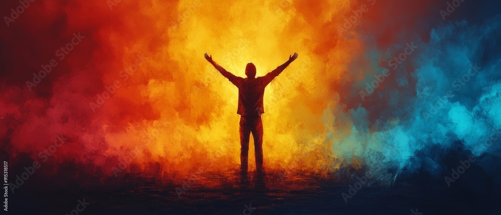 A silhouette of a person standing in a vibrant cloud of colored smoke, representing freedom and self-expression. A silhouette of a person standing in a vibrant cloud of colored smoke, representing freedom and self-expression.