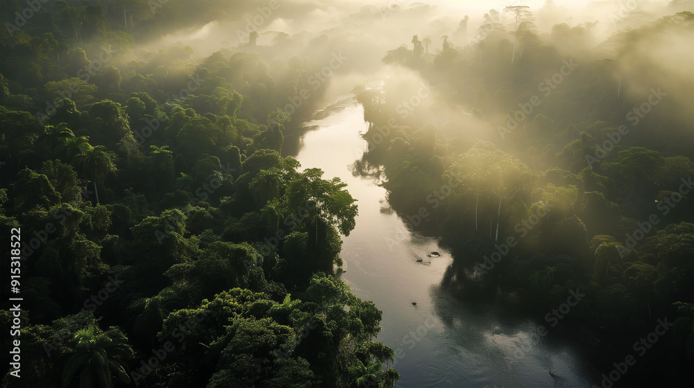 Aerial photo of river through lush tropical forest in the mist. Different trees and vegetation. Aerial photo of river through lush tropical forest in the mist. Different trees and vegetation.