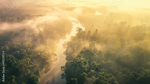 Aerial photo of river through lush tropical forest in the mist. Different trees and vegetation.