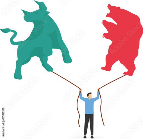 Businessman hand holding balloon bull and bear. Modern vector illustration in flat style

