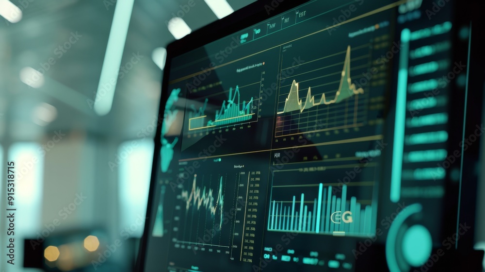 Close-up of a computer screen displaying various real-time data charts and graphs, representing analytical work or monitoring in a modern tech environment. Close-up of a computer screen displaying various real-time data charts and graphs, representing analytical work or monitoring in a modern tech environment.