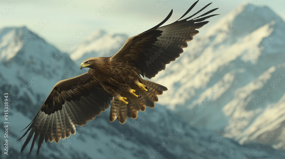 Obraz premium Majestic eagles or hawks in flight, showcasing their powerful wings and sharp gaze against a mountainous backdrop