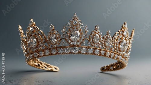 Elegant royal crown adorned with diamonds on gray background