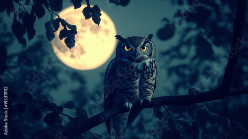 owl in the night, Nocturnal birds such as owls or nightjars perched in trees under the moonlight, capturing the mystery of the night photo