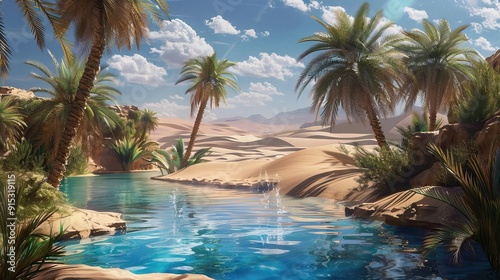 Desert Oasis with Palm Trees, Crystal-Clear Pool, and Sand Dunes Under a Scorching Sun. AI generated illustration.