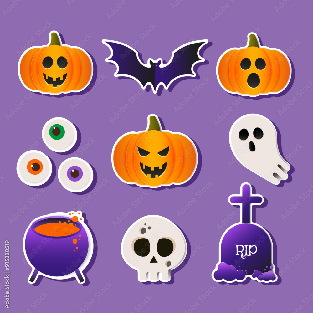 Naklejka premium Halloween sticker set. Pumpkin, ghost, bat. Vector illustration in cut paper style